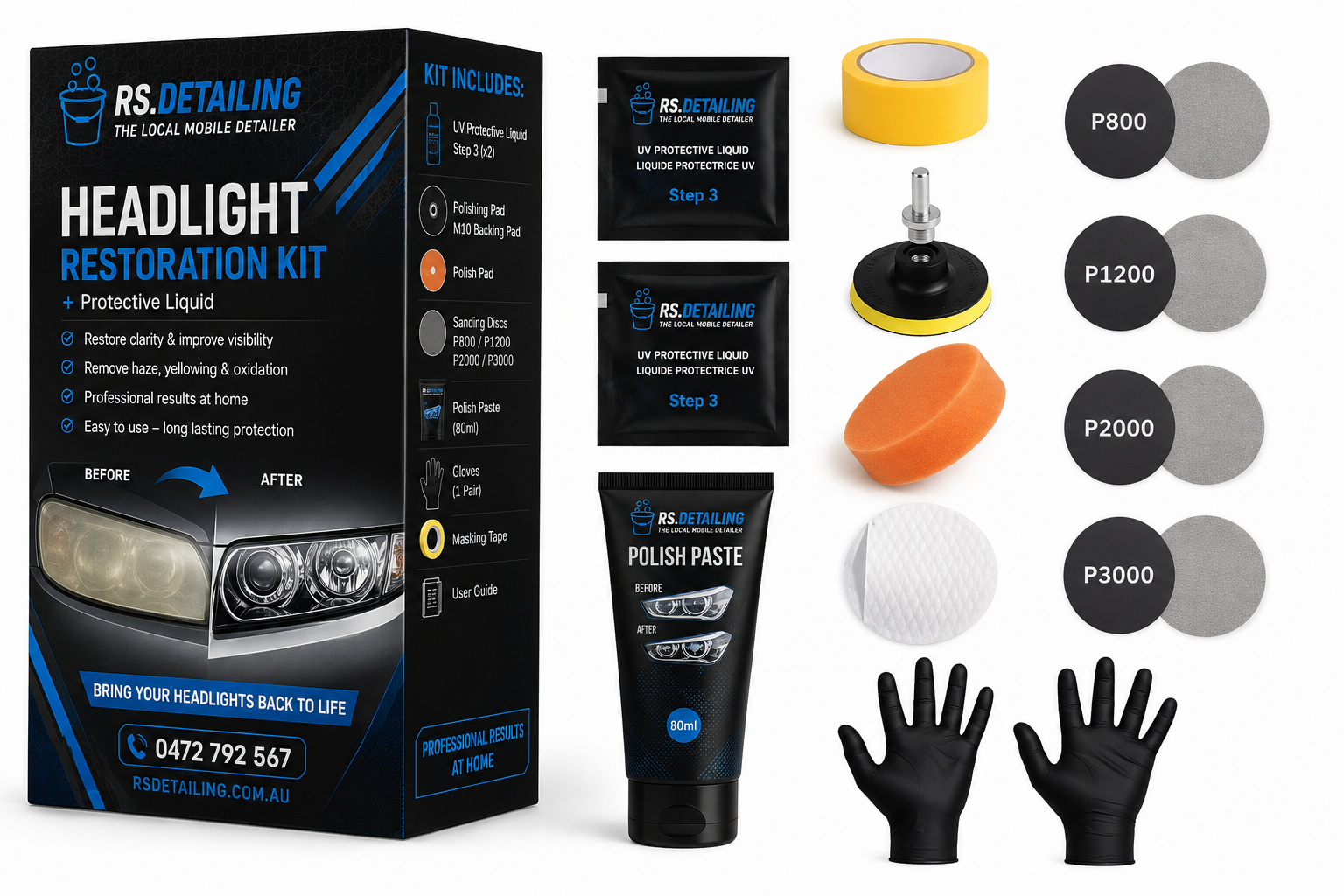 Headlight Restoration Kit + UV Protective Liquid